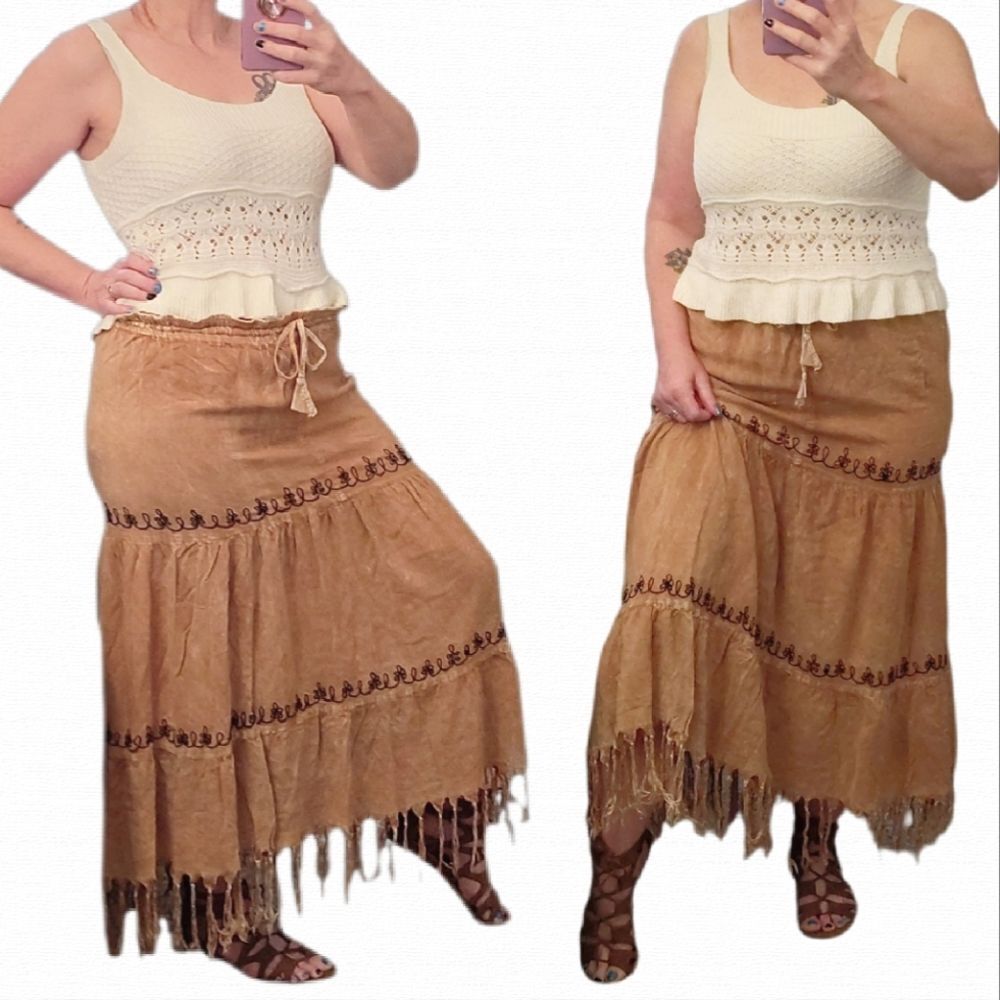 VTG Brown Fringe Adjustable Waist Western Tiered Skirt Free Size *Med- XL